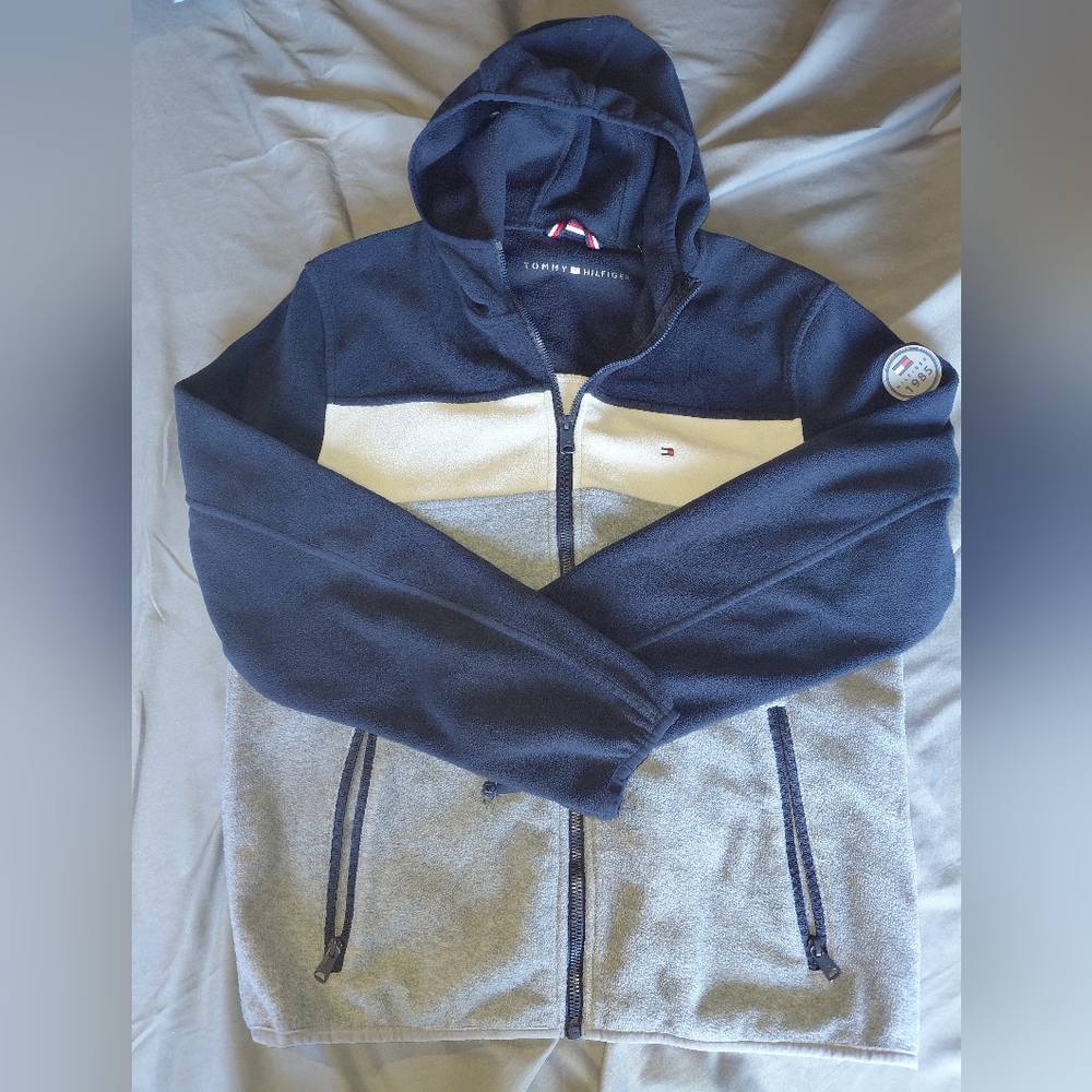 Tommy Hilfiger Blue and Gray Zip-Up Fleece Jacket
